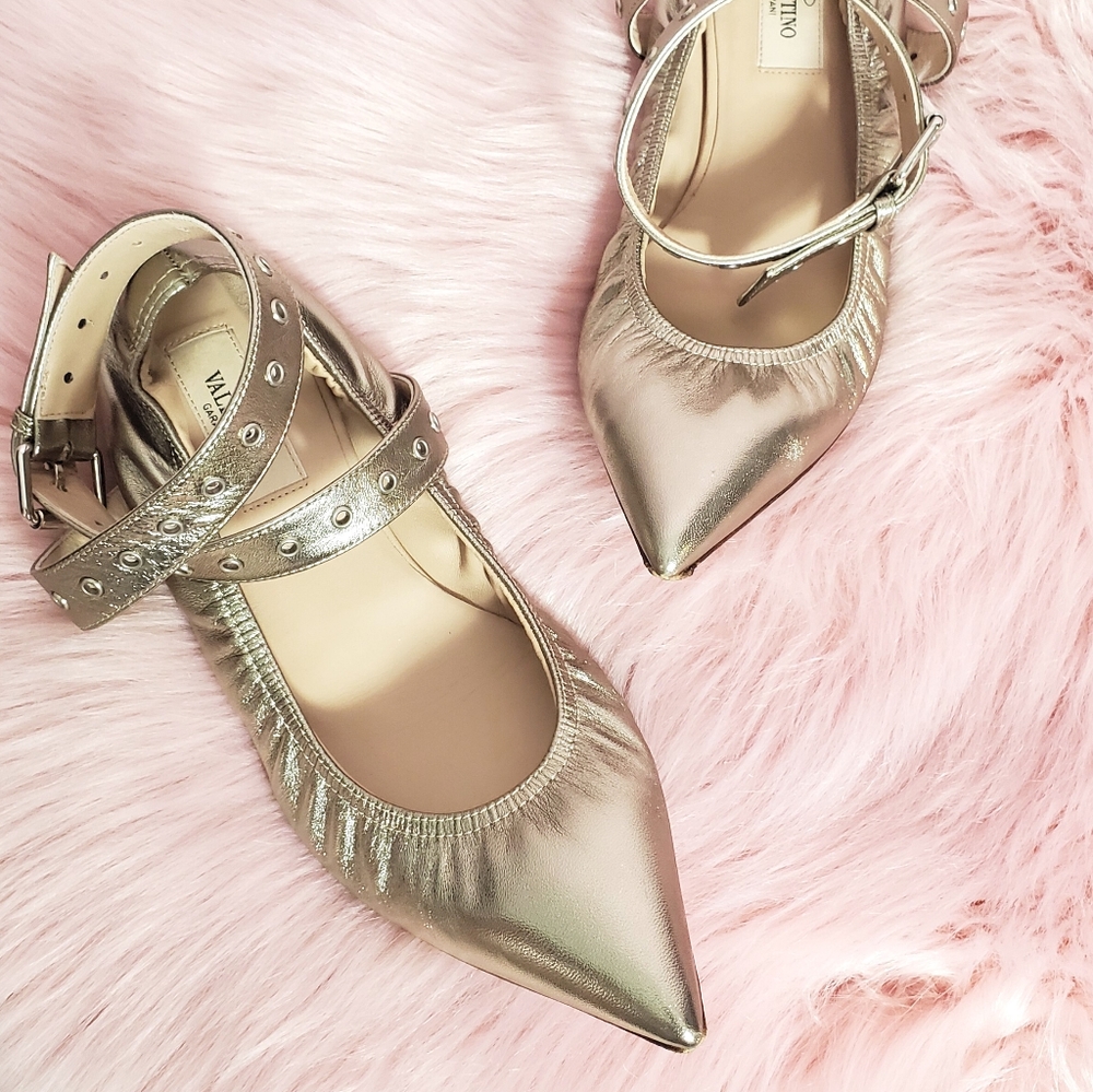 Valentino Metallic Gold Pointed Flats